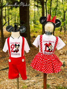 Mickey Minnie 1st birthday outfits embroidered shirts, ears, shorts or skirt overalls. 