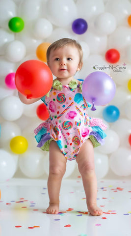 Candy Party Ruffle Butt romper and Bonnet