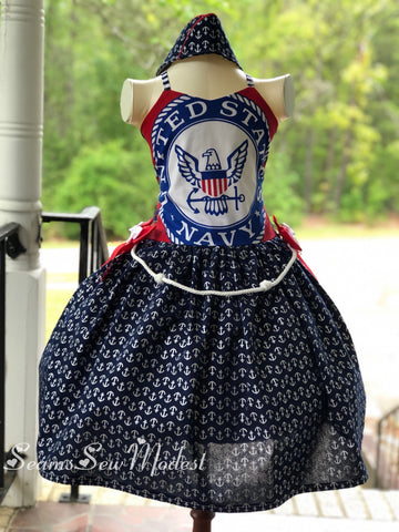 One of a kind U.S. Navy inspired dress with matching hat Ready To ship!